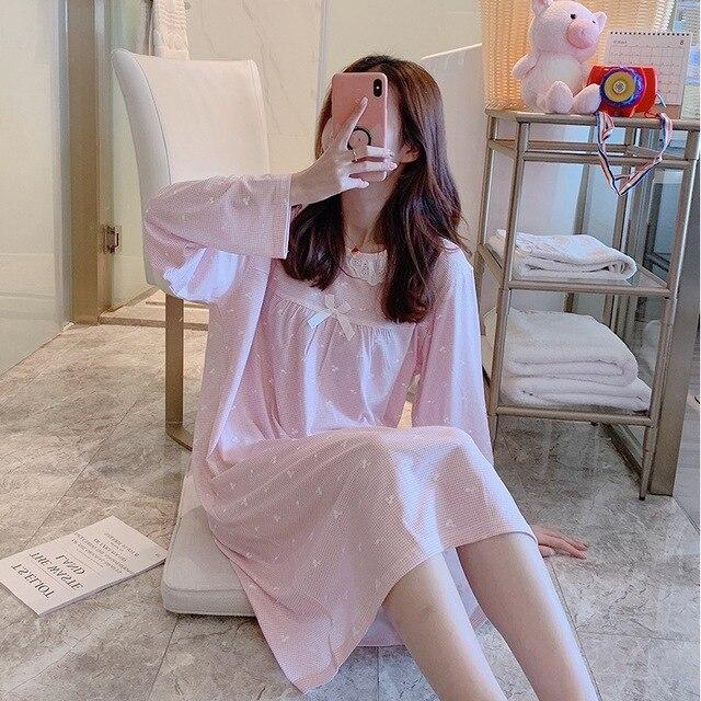 2018 Spring Autumn Casual Plaid Cotton Nightgowns for Women Long Sleeve Loose Night Dress Home Dress Sleepwear Nightdress Nighty
