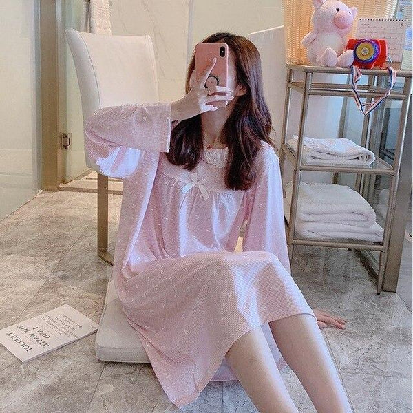 2018 Spring Autumn Casual Plaid Cotton Nightgowns for Women Long Sleeve Loose Night Dress Home Dress Sleepwear Nightdress Nighty