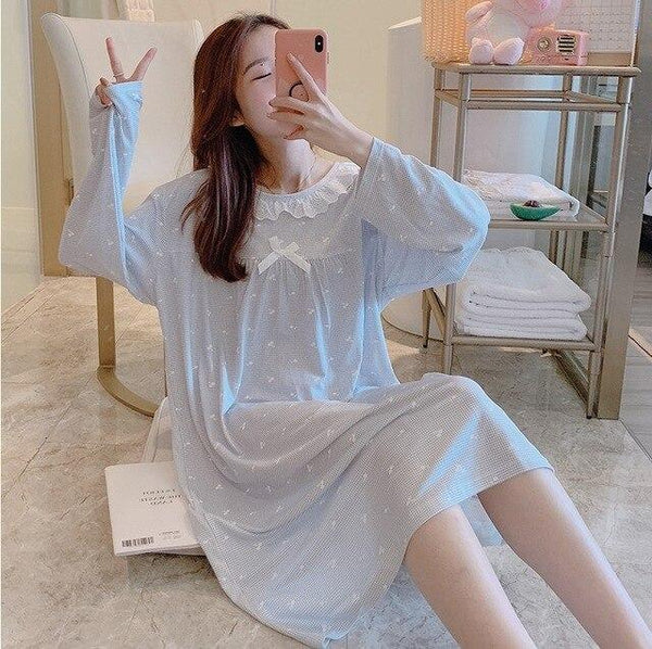 2018 Spring Autumn Casual Plaid Cotton Nightgowns for Women Long Sleeve Loose Night Dress Home Dress Sleepwear Nightdress Nighty