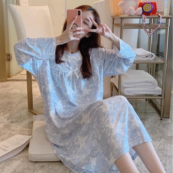 2018 Spring Autumn Casual Plaid Cotton Nightgowns for Women Long Sleeve Loose Night Dress Home Dress Sleepwear Nightdress Nighty