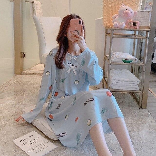 2018 Spring Autumn Casual Plaid Cotton Nightgowns for Women Long Sleeve Loose Night Dress Home Dress Sleepwear Nightdress Nighty