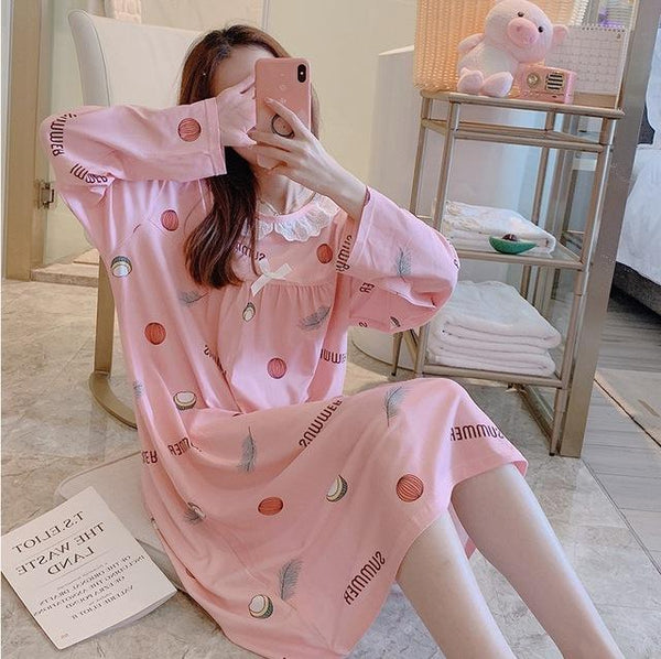 2018 Spring Autumn Casual Plaid Cotton Nightgowns for Women Long Sleeve Loose Night Dress Home Dress Sleepwear Nightdress Nighty