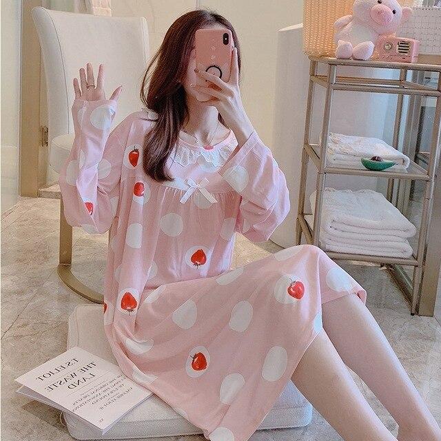 2018 Spring Autumn Casual Plaid Cotton Nightgowns for Women Long Sleeve Loose Night Dress Home Dress Sleepwear Nightdress Nighty