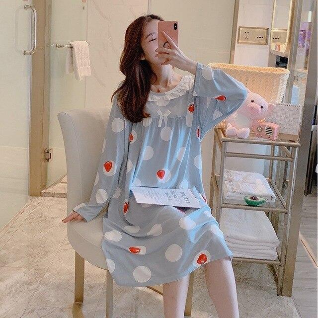 2018 Spring Autumn Casual Plaid Cotton Nightgowns for Women Long Sleeve Loose Night Dress Home Dress Sleepwear Nightdress Nighty