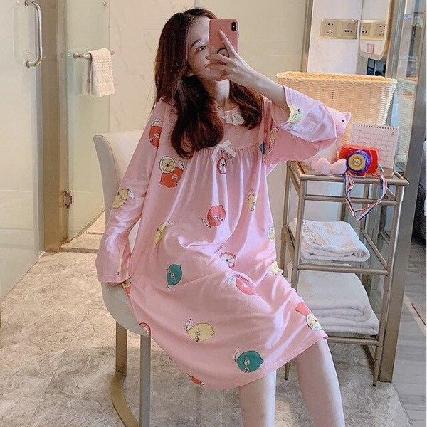 2018 Spring Autumn Casual Plaid Cotton Nightgowns for Women Long Sleeve Loose Night Dress Home Dress Sleepwear Nightdress Nighty