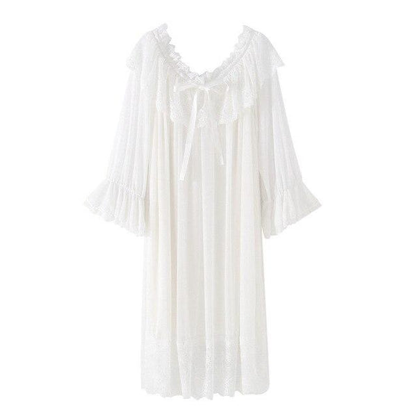 Women Soft Elegant Long Nightgowns Female Sweet Princess Sleeping Home Dress Round Neck Lace Sexy White Nightdress