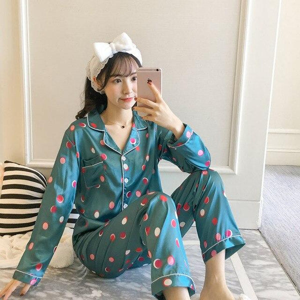 Women Nightwear spring stripe Pajamas Silk Print Sweet Women Sleepwear Set 90s Girl Nightgown Long Pant Cute Silk Pajamas Sets