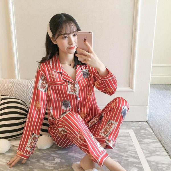 Women Nightwear spring stripe Pajamas Silk Print Sweet Women Sleepwear Set 90s Girl Nightgown Long Pant Cute Silk Pajamas Sets