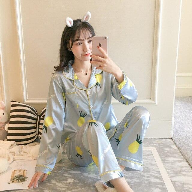 Women Nightwear spring stripe Pajamas Silk Print Sweet Women Sleepwear Set 90s Girl Nightgown Long Pant Cute Silk Pajamas Sets