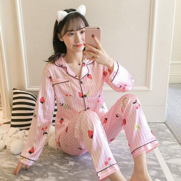 Women Nightwear spring stripe Pajamas Silk Print Sweet Women Sleepwear Set 90s Girl Nightgown Long Pant Cute Silk Pajamas Sets