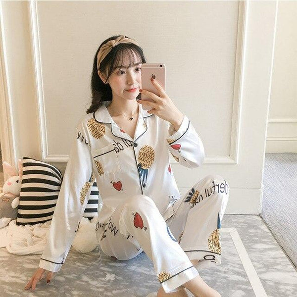 Women Nightwear spring stripe Pajamas Silk Print Sweet Women Sleepwear Set 90s Girl Nightgown Long Pant Cute Silk Pajamas Sets