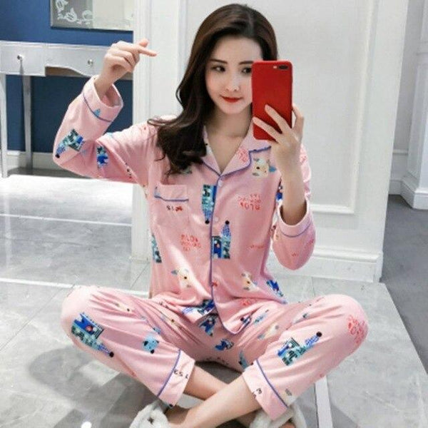 Cute Women Pajamas Pyjamas Set Long Sleeve Sleepwear Pijama Mujer Pajama Suit 2 Pieces Night Home Wear Nightgown Plus Size