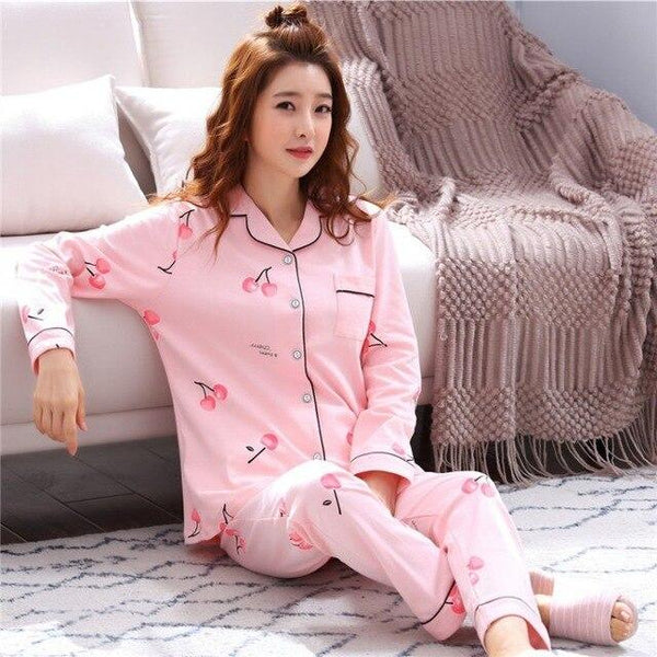 Cute Women Pajamas Pyjamas Set Long Sleeve Sleepwear Pijama Mujer Pajama Suit 2 Pieces Night Home Wear Nightgown Plus Size