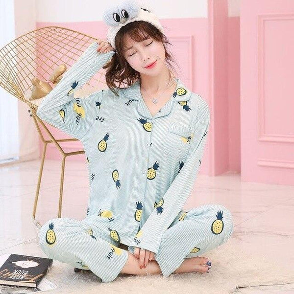 Cute Women Pajamas Pyjamas Set Long Sleeve Sleepwear Pijama Mujer Pajama Suit 2 Pieces Night Home Wear Nightgown Plus Size