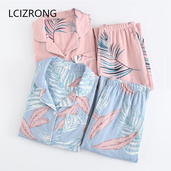 Spring Long Sleeve Cardigan+Pants Pajama Set Women Fashion Harajuku Plus Size Sleepwear Suits Gauze Cotton Home Nightgown Female