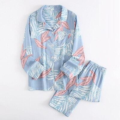 Spring Long Sleeve Cardigan+Pants Pajama Set Women Fashion Harajuku Plus Size Sleepwear Suits Gauze Cotton Home Nightgown Female