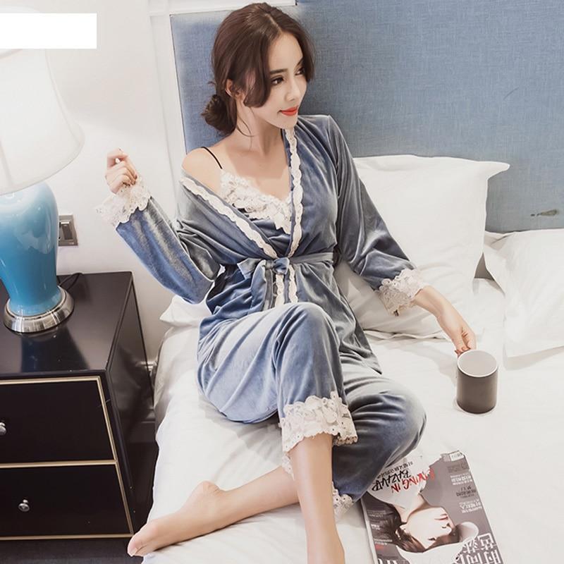 Autumn spring winter 3 pcs women velvet pajamas female casual long sleeve fashion comfortable pajama sets sleepwear nightgown