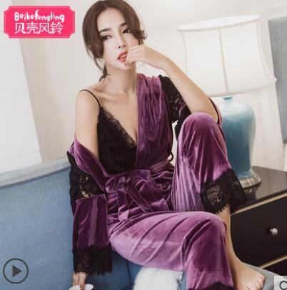 Autumn spring winter 3 pcs women velvet pajamas female casual long sleeve fashion comfortable pajama sets sleepwear nightgown