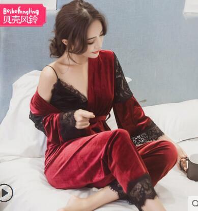 Autumn spring winter 3 pcs women velvet pajamas female casual long sleeve fashion comfortable pajama sets sleepwear nightgown