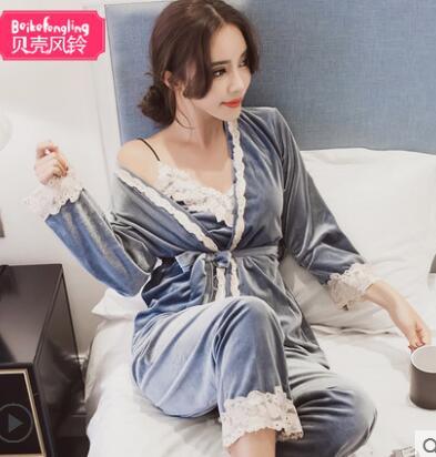 Autumn spring winter 3 pcs women velvet pajamas female casual long sleeve fashion comfortable pajama sets sleepwear nightgown