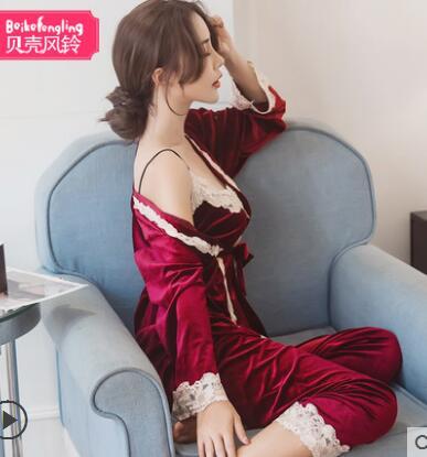 Autumn spring winter 3 pcs women velvet pajamas female casual long sleeve fashion comfortable pajama sets sleepwear nightgown
