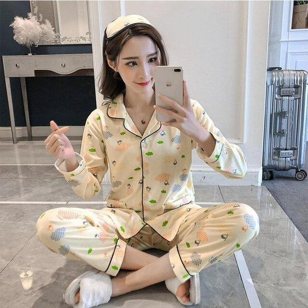 Elegant Luxury Women Comfortable Cotton Pajama Set Girl Print Pyjama Set Long Sleeve Sleepwear Suit Women Nightgown Sets