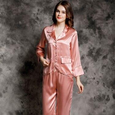 Nightgowns Women 100% Silk Nightcloth Two Pieces Set Long Sleeve Elastic Waist Long Pants Loose Suits 5 Co'lo'r's All Season