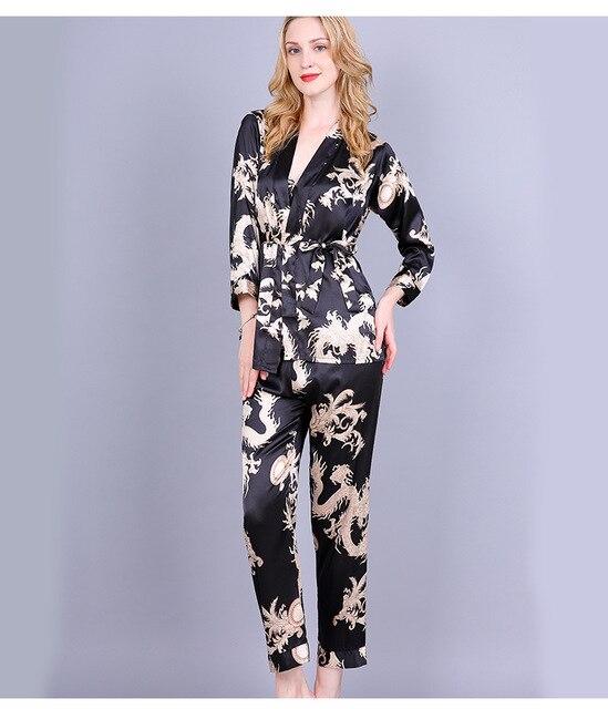 3PCS Pajamas Set 2018 New Arrival Women's Nightgown Long Sleeve Rayon Sexy Chinese Dragon Nightwear Pyjamas M L XL D128-011