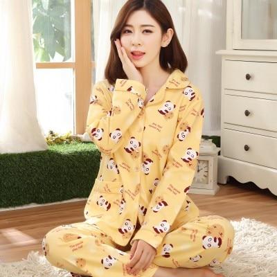 Womens Cotton Pajamas Sets Bear Casual Sleepwear Button Long Sleeve Nightgowns M-3xl Long Pants Sleepwear Pyjamas Sets Plus size