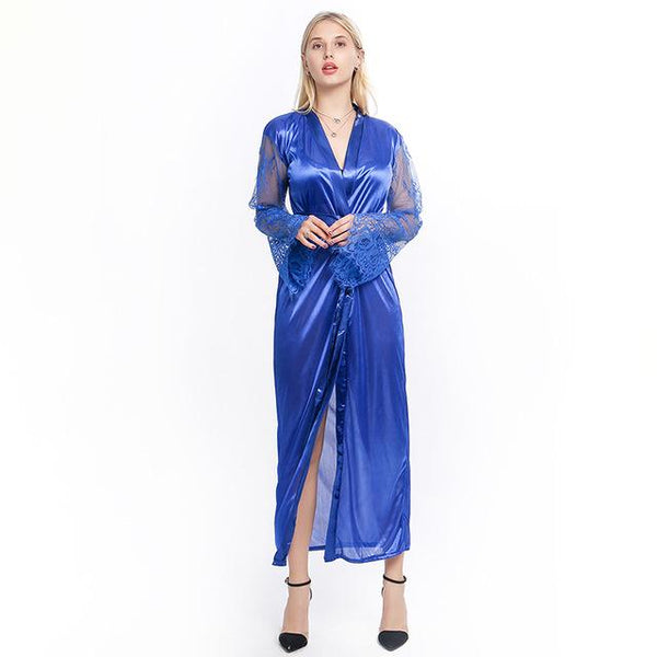 Nightgown Soft Silk Dressing Gown Bathrobe Women Sleepwear Ladies Sexy Sleepwear Female Lace Patchwork Long Bathrobes