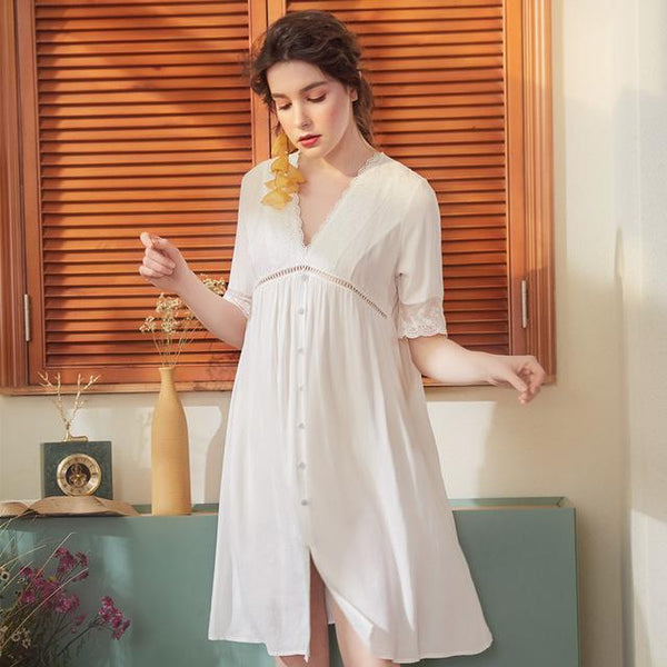 Summer Court Sexy Lace Half Sleeves Nightdress Loose Sleep Wear Night Dress Vintage Nightgown Cotton Sleepwear Women Nightshirt