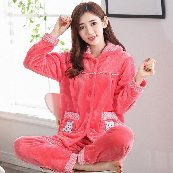 Girls Winter Coral Velvet Pajamas Women Thick Flannel Sleep Suit Students Homewear Long Sleeves Pajamas Casual Nightgown D-2046