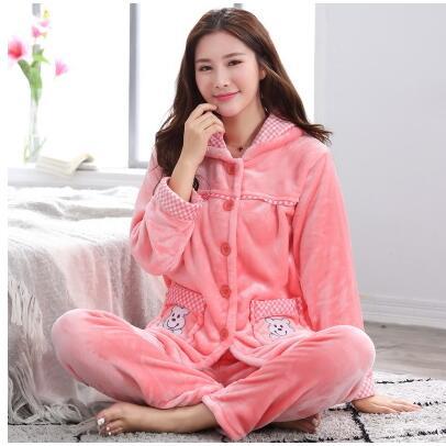 Girls Winter Coral Velvet Pajamas Women Thick Flannel Sleep Suit Students Homewear Long Sleeves Pajamas Casual Nightgown D-2046