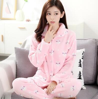 Girls Winter Coral Velvet Pajamas Women Thick Flannel Sleep Suit Students Homewear Long Sleeves Pajamas Casual Nightgown D-2046