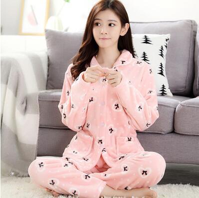 Girls Winter Coral Velvet Pajamas Women Thick Flannel Sleep Suit Students Homewear Long Sleeves Pajamas Casual Nightgown D-2046