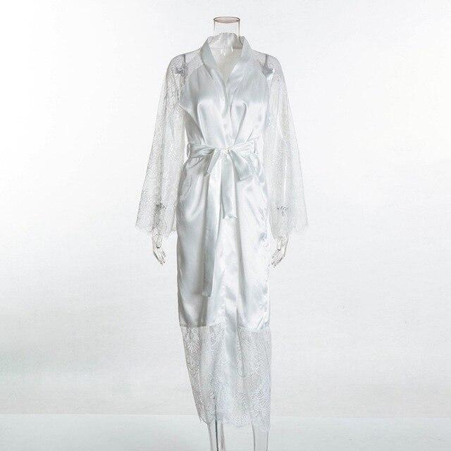 Summer Lace Patchwork Satin Kimono Robe Sexy Sleepwear Lingerie Women Silk Long Nightgown Ladies Solid Long Sleeve Robes