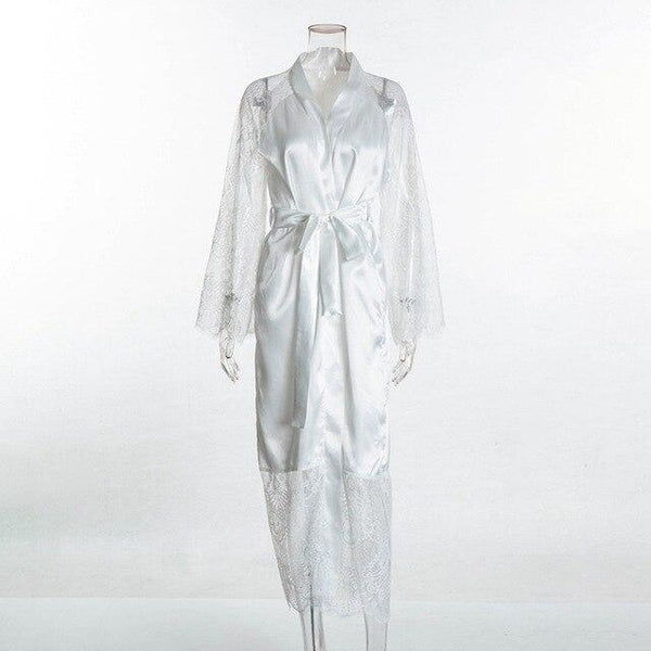 Summer Lace Patchwork Satin Kimono Robe Sexy Sleepwear Lingerie Women Silk Long Nightgown Ladies Solid Long Sleeve Robes