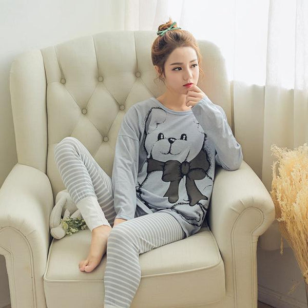 Spring autumn Women Pyjamas Cartoon printed Pajamas Set Thin Pijamas Mujer Sleepwear suit long Sleeve Nightgown casual homewear