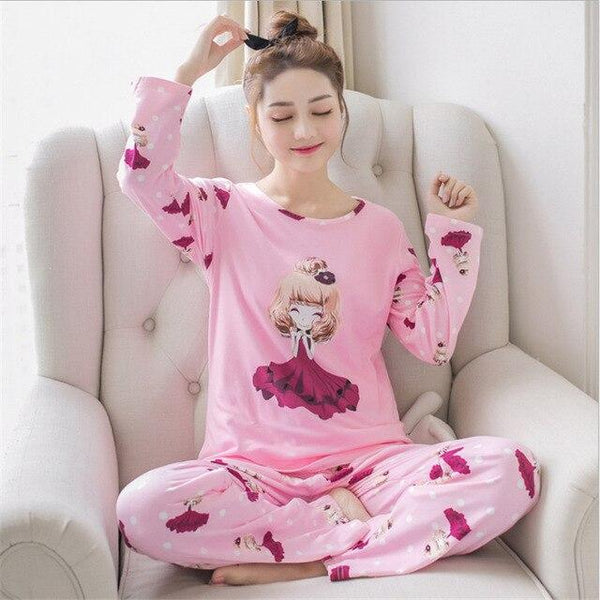 Spring autumn Women Pyjamas Cartoon printed Pajamas Set Thin Pijamas Mujer Sleepwear suit long Sleeve Nightgown casual homewear