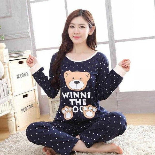 Spring autumn Women Pyjamas Cartoon printed Pajamas Set Thin Pijamas Mujer Sleepwear suit long Sleeve Nightgown casual homewear