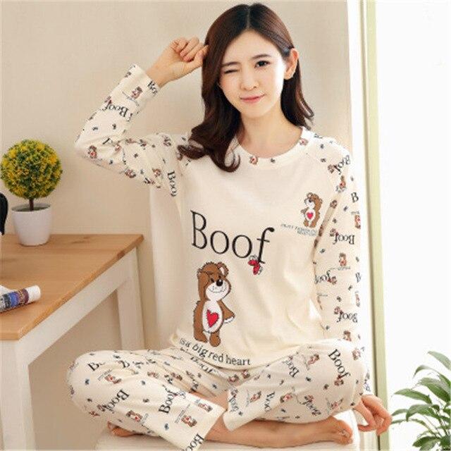 Spring autumn Women Pyjamas Cartoon printed Pajamas Set Thin Pijamas Mujer Sleepwear suit long Sleeve Nightgown casual homewear