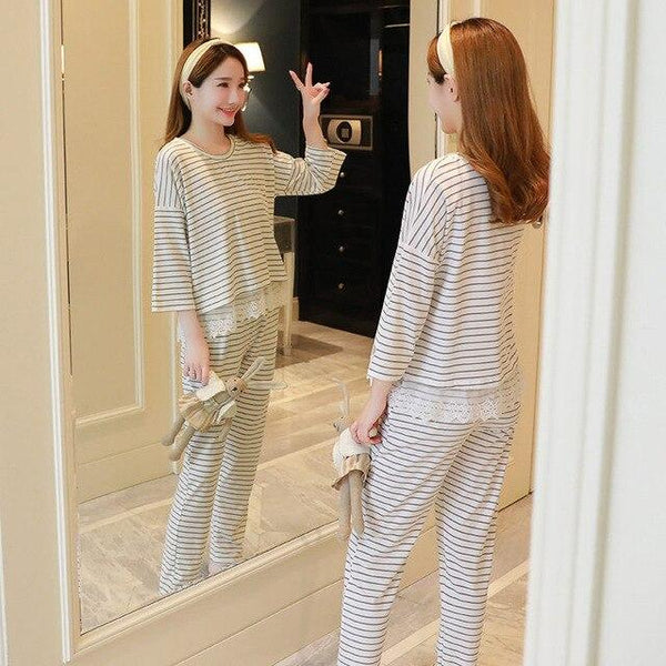 Spring autumn Women Pyjamas Cartoon printed Pajamas Set Thin Pijamas Mujer Sleepwear suit long Sleeve Nightgown casual homewear