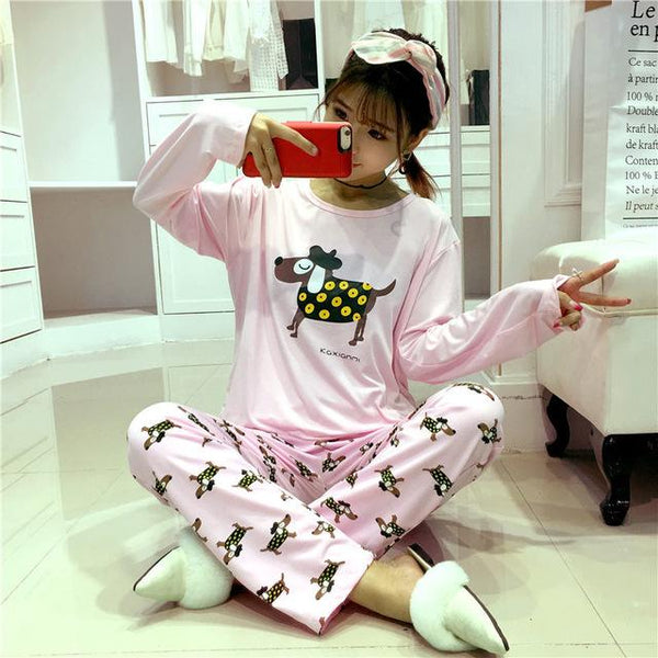 Spring autumn Women Pyjamas Cartoon printed Pajamas Set Thin Pijamas Mujer Sleepwear suit long Sleeve Nightgown casual homewear