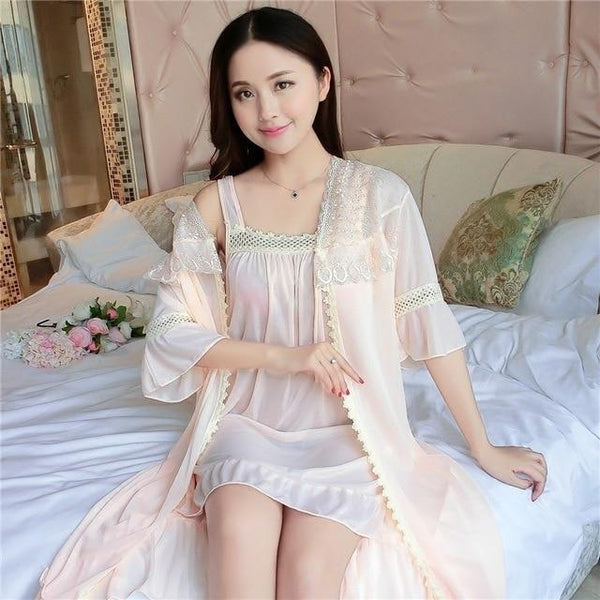 Set = Nightdress + Outwear Vintage Sleep Lounge Laced Ruffle Night Dress Summer Autumn Sleepwear Cool Silk Loose Long Nightdress