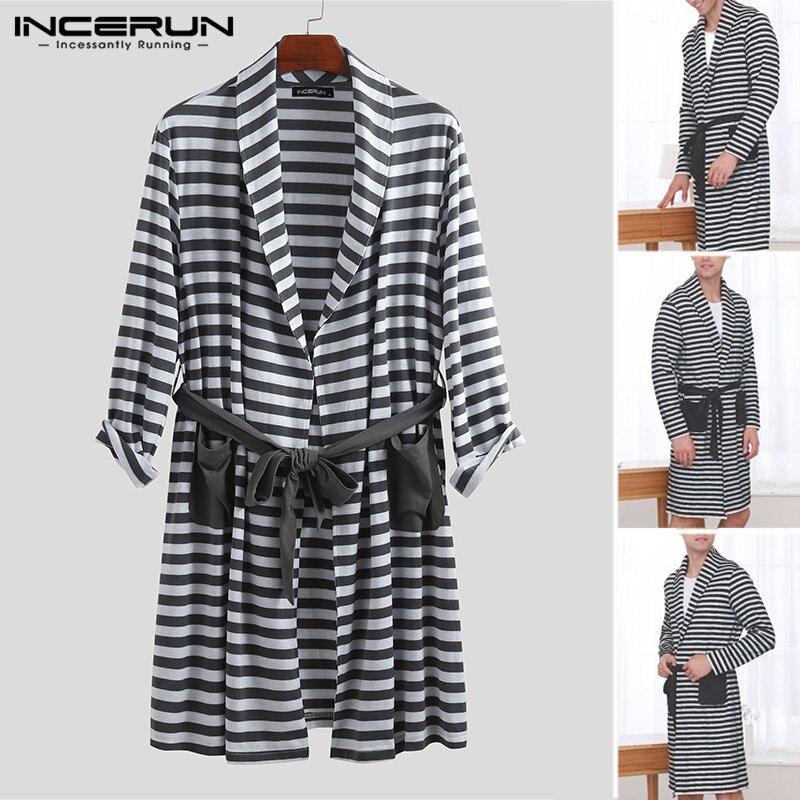 INCERUN Fashion 2019 Men's Long Sleeve New Literary Lapel Pocket Nightgown Striped Loose Tie High Quality Long Paragraph Robe