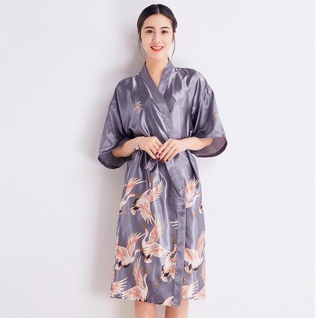 Sexy BLACK Women Robe Summer Casual Silky Sleepwear Female Print Kimono Bathrobe Satin Long Nightgown Half Sleeve Home Dress