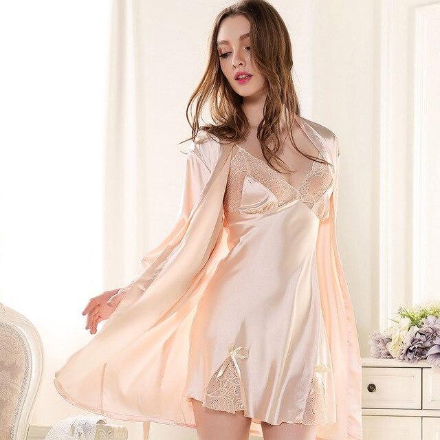 Two-piece Satin Silk Nightgown Sexy Lace Hem Robe and Sling Dress Set Women's Long Sleeve Nightgown Micro Mini Dress