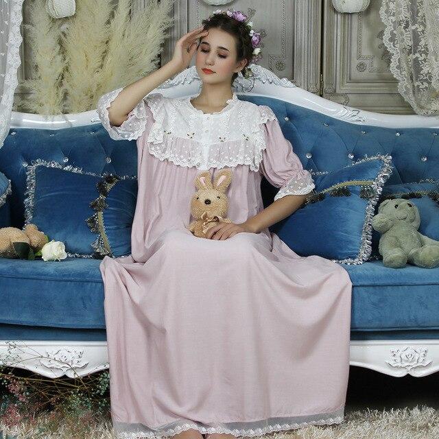 New Wholesale Long Night Lace Gowns Arab Lady Autumn Women Sleepwear Nightgown Elegant Sleepwear Gown Princess L Dress 7 color