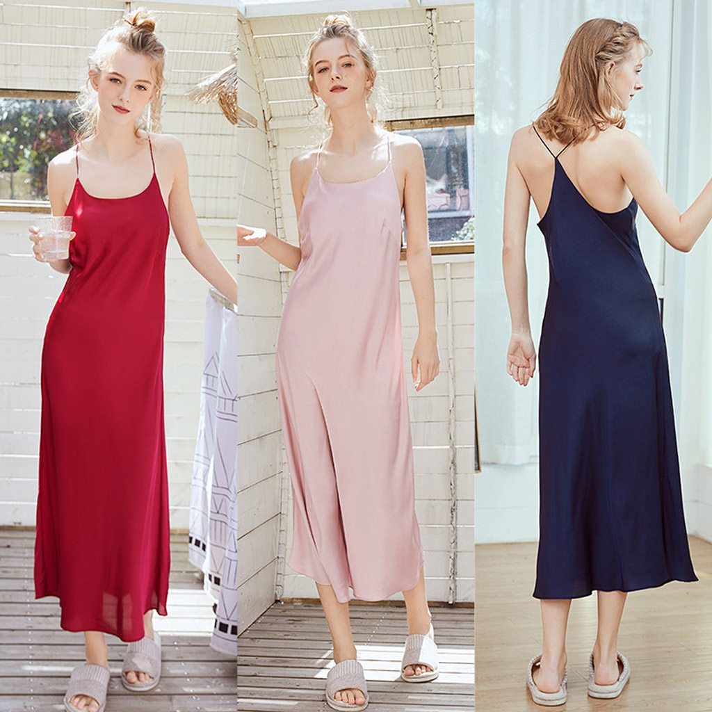 pajamas sets women Casual Silk Satin Sleeveless Nighties V-neck Nightgown Long Nightdress Lace Sleepwear For Women L0329