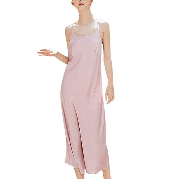 pajamas sets women Casual Silk Satin Sleeveless Nighties V-neck Nightgown Long Nightdress Lace Sleepwear For Women L0329